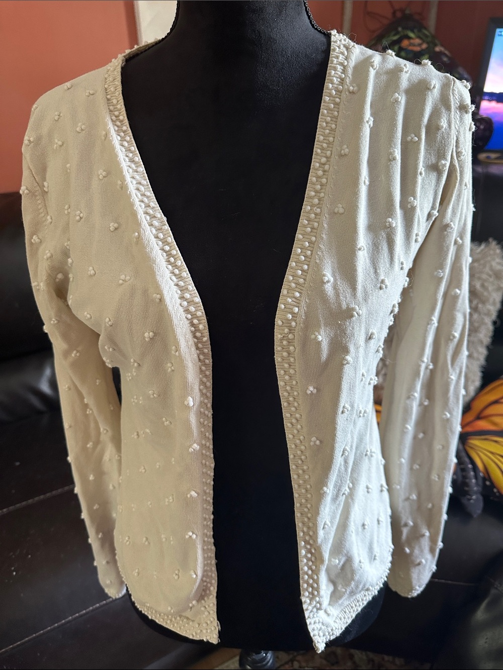 Cream Textured Open-Front Women's Sweater Cardigan